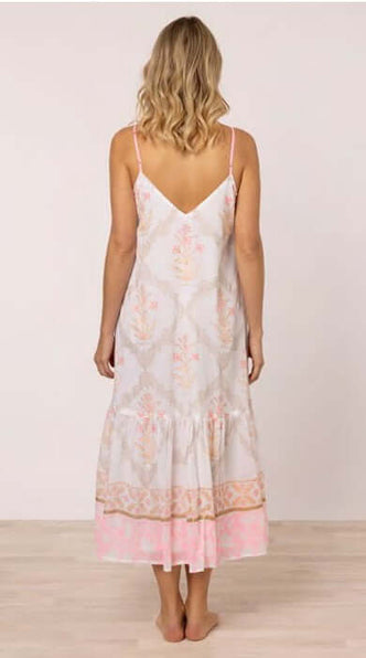 Cage Block Midi Dress Pink Grapefruit by Juliet Dunn, showcasing the back view of a relaxed fit pink and white dress with spaghetti straps.