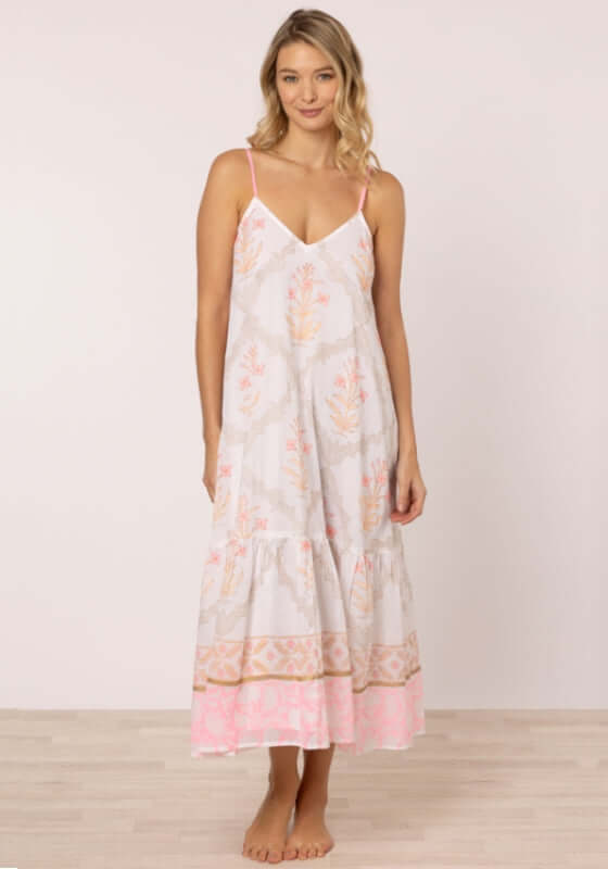 Cage Block Midi Dress Pink Grapefruit by Juliet Dunn, featuring a v neck, spaghetti straps, and a flowy silhouette.