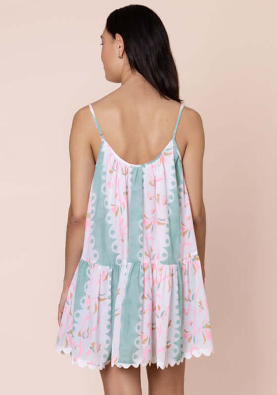 Bird Of Paradise Strappy Mini Dress Pistachio by Juliet Dunn, featuring adjustable straps and a flowy, floral design.