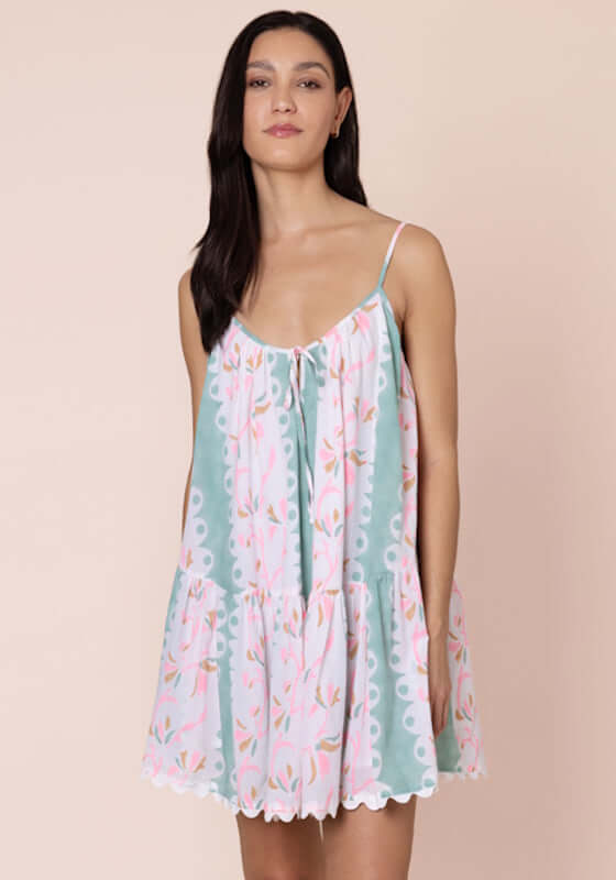Bird Of Paradise Strappy Mini Dress Pistachio by Juliet Dunn, showcasing a model in a flared, colorful dress with adjustable straps.