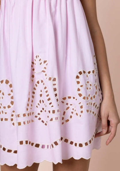 Cutwork Baby Doll Dress Petal Pink by Juliet Dunn featuring intricate scalloped embroidered hem and floral cutwork design.