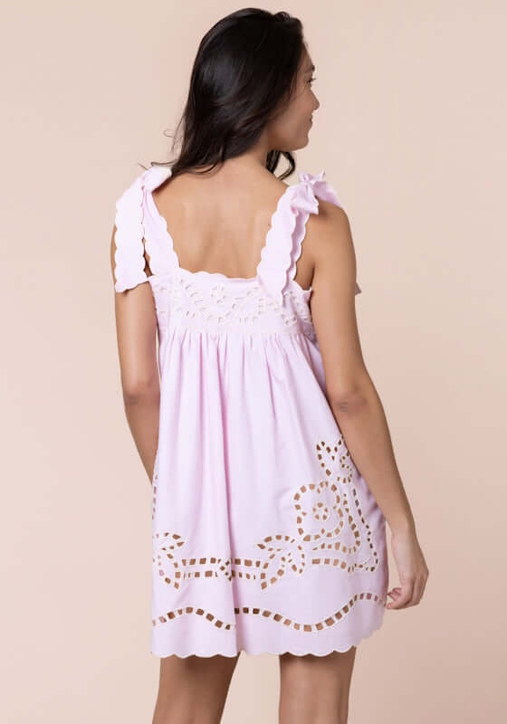 Cutwork Baby Doll Dress Petal Pink by Juliet Dunn featuring adjustable tie straps and delicate scalloped hem.