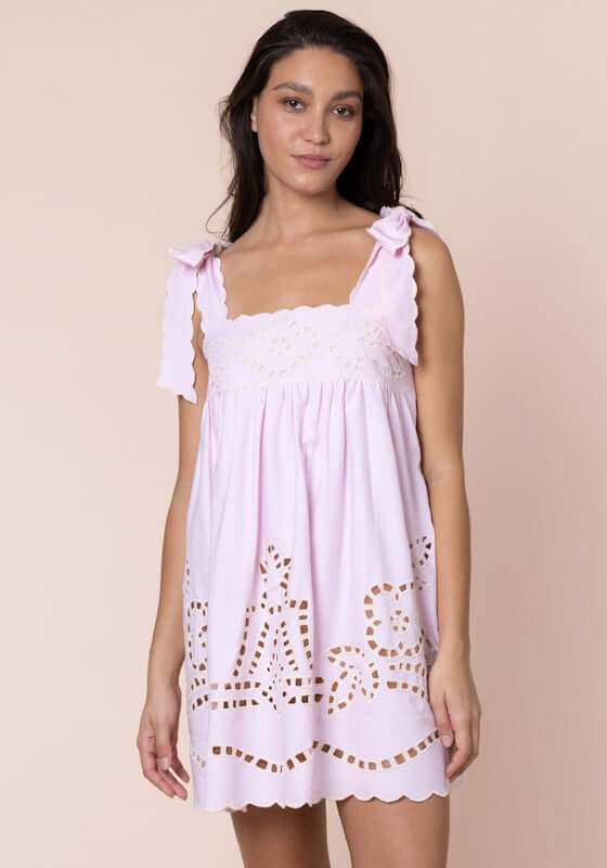 Cutwork Baby Doll Dress Petal Pink by Juliet Dunn, featuring tie shoulder straps and scalloped embroidered hem.