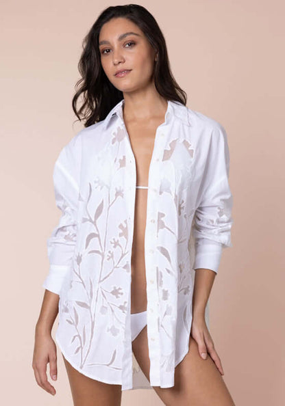 Floral Cutwork Shirt White by Juliet Dunn, featuring intricate floral cutwork design and relaxed fit for beachwear.