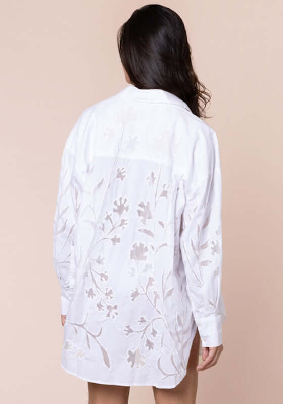 Floral Cutwork Shirt White by Juliet Dunn, showcasing intricate floral cutwork on a crisp white beach shirt.