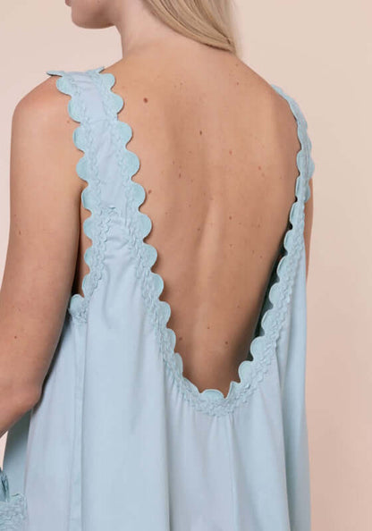 Ric Rac Low Back Dress Pistachio by Juliet Dunn, showcasing the scalloped low back detail of the dress in soft cotton.