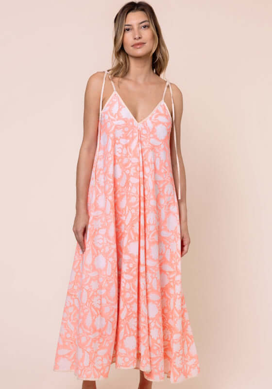 Pomegranate Floaty Maxi Dress Neon Red by Juliet Dunn with delicate spaghetti straps and a V-neckline, showcasing a beautiful floaty design.