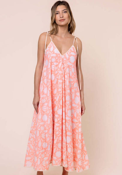 Pomegranate Floaty Maxi Dress Neon Red by Juliet Dunn with delicate spaghetti straps and a V-neckline, showcasing a beautiful floaty design.