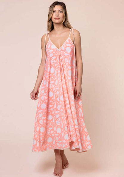 Pomegranate Floaty Maxi Dress Neon Red by Juliet Dunn, featuring spaghetti straps and a V-neckline in a flowy design.