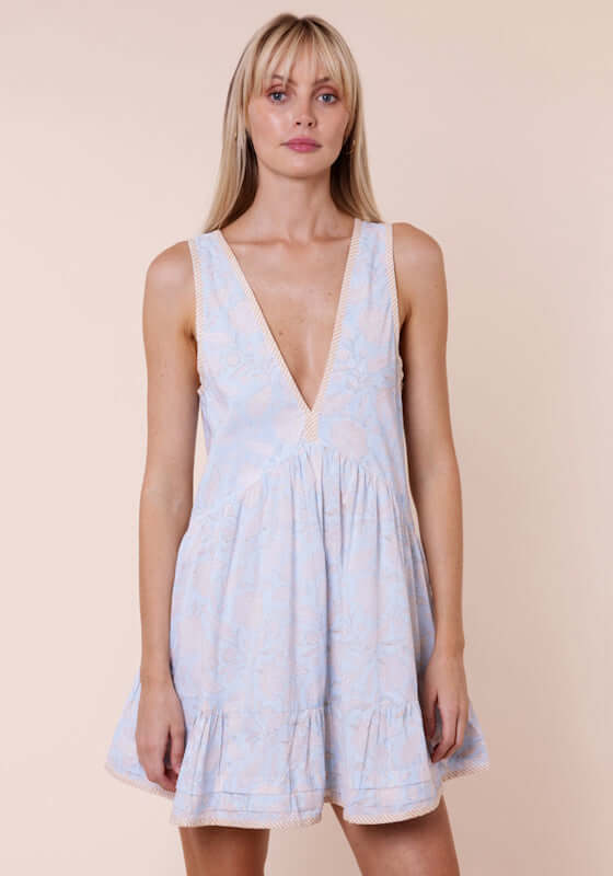 Pomegranate Print V Neck Dress Ice Blue by Juliet Dunn, featuring a V-neckline and skater skirt for a breezy look.