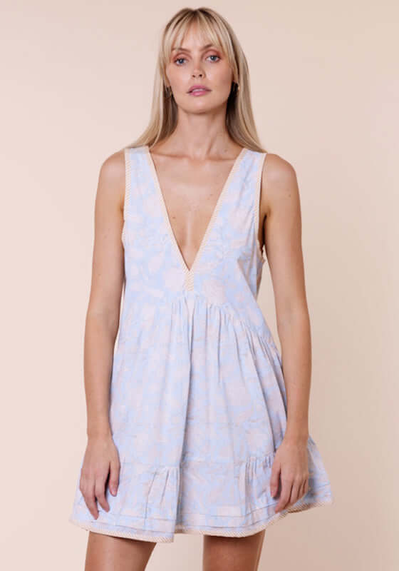 Pomegranate Print V Neck Dress Ice Blue by Juliet Dunn, featuring a flattering V neckline and skater skirt silhouette.