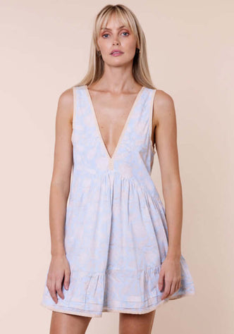 Pomegranate Print V Neck Dress Ice Blue by Juliet Dunn, featuring a flattering V neckline and skater skirt silhouette.