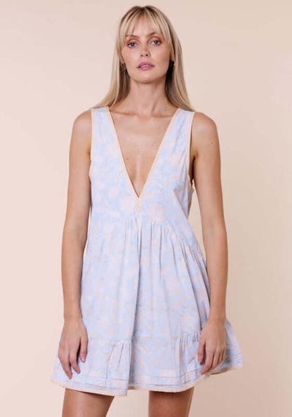 Pomegranate Print V Neck Dress Ice Blue by Juliet Dunn, featuring a flattering V neckline and skater skirt silhouette.