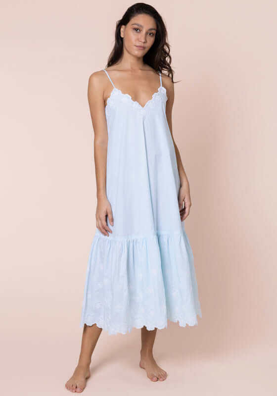 Poplin Floral Midi Dress Ice Blue by Juliet Dunn, a relaxed-fit dress with a V-neckline and spaghetti straps.