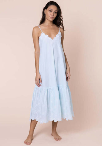 Poplin Floral Midi Dress Ice Blue by Juliet Dunn, a relaxed-fit dress with a V-neckline and spaghetti straps.