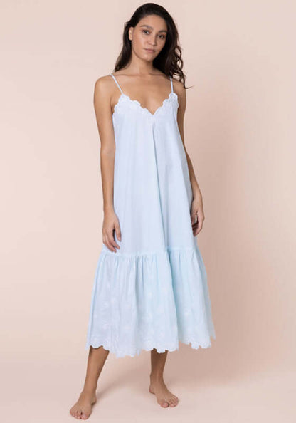 Poplin Floral Midi Dress Ice Blue by Juliet Dunn, a relaxed-fit dress with a V-neckline and spaghetti straps.