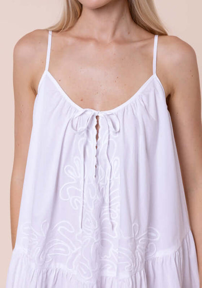 Poplin Strappy Dress White by Juliet Dunn featuring delicate cutout embroidered details and adjustable spaghetti straps.