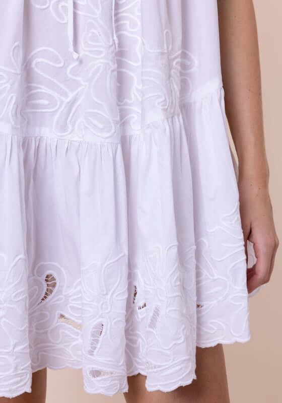 Poplin Strappy Dress White by Juliet Dunn, showcasing delicate embroidered details and a flowing silhouette.