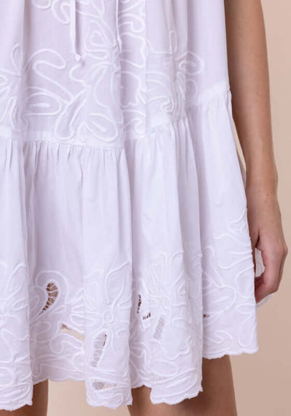 Poplin Strappy Dress White by Juliet Dunn, showcasing delicate embroidered details and a flowing silhouette.