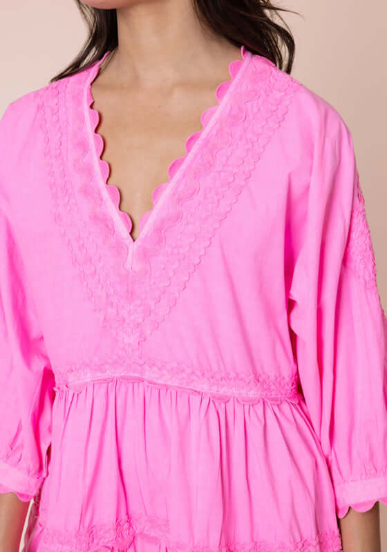 Ric Rac Tiered Mini Dress Hot Pink by Juliet Dunn, featuring playful ric rac detailing and a flattering layered silhouette.