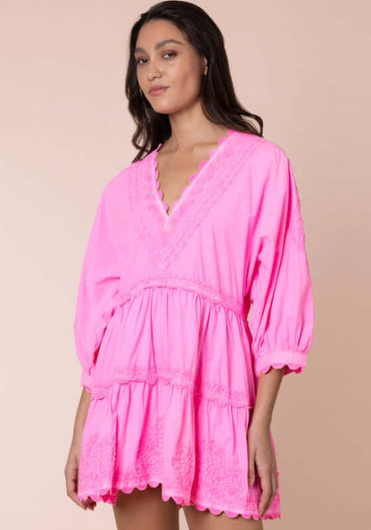 Ric Rac Tiered Mini Dress Hot Pink by Juliet Dunn featuring playful ric rac detailing and a breezy tiered silhouette.