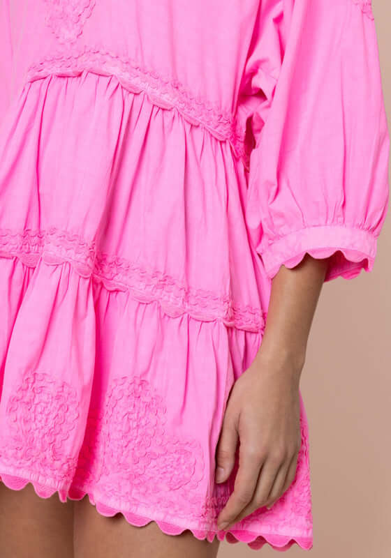 Ric Rac Tiered Mini Dress Hot Pink by Juliet Dunn featuring playful ric rac detailing and a layered silhouette.