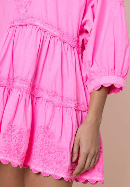 Ric Rac Tiered Mini Dress Hot Pink by Juliet Dunn featuring playful ric rac detailing and a layered silhouette.