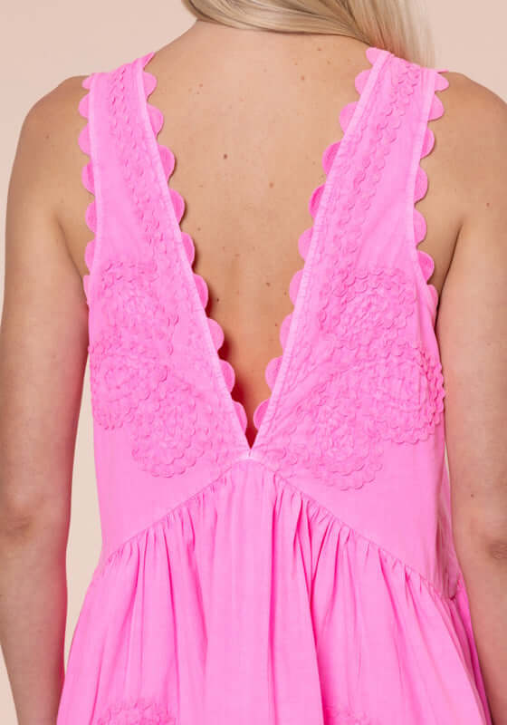 Ric Rac V Neck Dress Hot Pink by Juliet Dunn, showcasing the V back and ric rac details in vibrant pink.