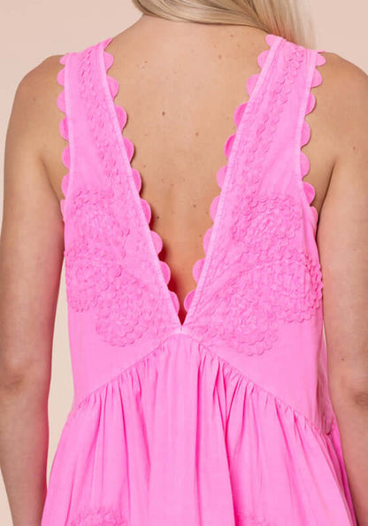 Ric Rac V Neck Dress Hot Pink by Juliet Dunn, showcasing the V back and ric rac details in vibrant pink.