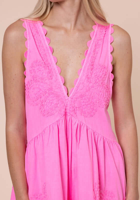 Ric Rac V Neck Dress Hot Pink by Juliet Dunn, showcasing a vibrant V neckline and decorative ric rac detailing.