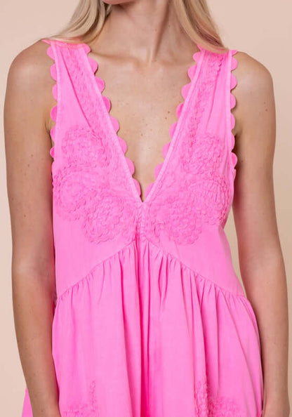 Ric Rac V Neck Dress Hot Pink by Juliet Dunn, showcasing a vibrant V neckline and decorative ric rac detailing.
