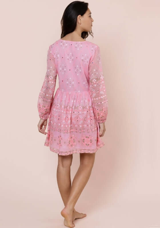Mosaic Mini Dress Candy by Juliet Dunn, showcasing a stylish pink dress with intricate designs, perfect for summer outings.