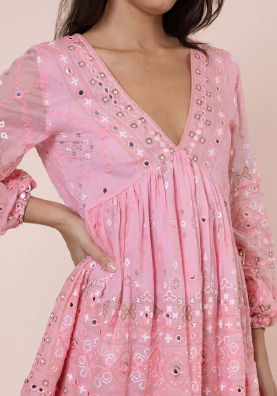 Mosaic Mini Dress Candy by Juliet Dunn, showcasing a pink mini dress with intricate embroidered details.