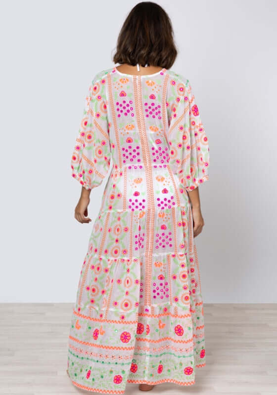 Juliet Dunn | Mexican Embroidered V Neck Maxi Dress - Beach Cafe Juliet Dunn | Mexican Embroidered V Neck Maxi Dress - Beach Cafe