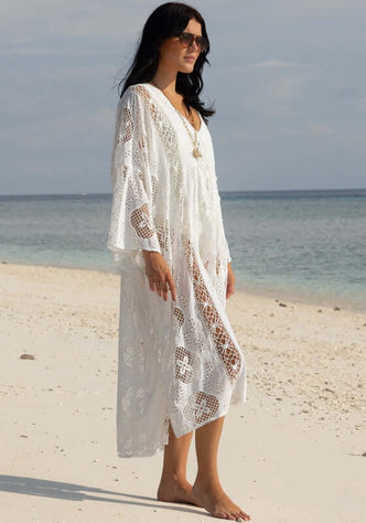 white kaftan beach dress Halia Floral Long Kaftan Beach Cover-Up in White