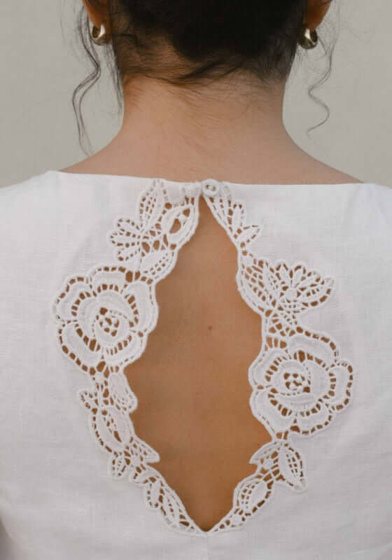 Embroidered Keyhole Mini Dress Gardenia by Peony, showcasing intricate embroidery and a keyhole back detail.