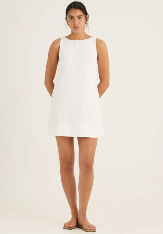 Embroidered Keyhole Mini Dress Gardenia by Peony, featuring a crisp white linen mini dress with a relaxed fit.