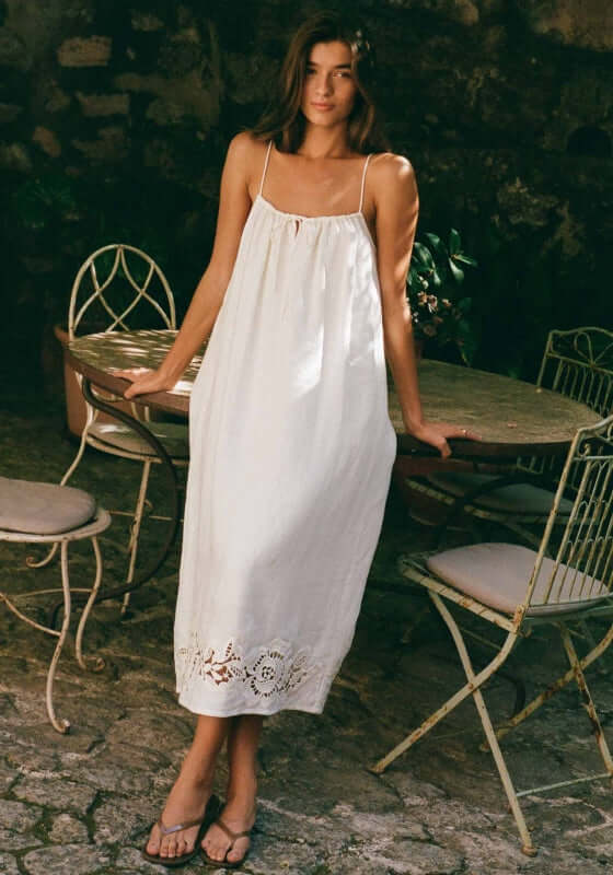 Embroidered Midi Dress Gardenia by Peony, featuring a loose fit, spaghetti straps, and intricate cutout embroidery detail.