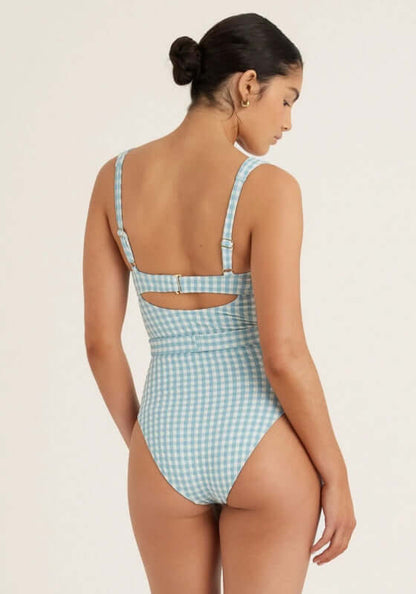 Forever Underwire Swimsuit Chambray Gingham by Peony, showcasing a chic back design and classic gingham pattern.