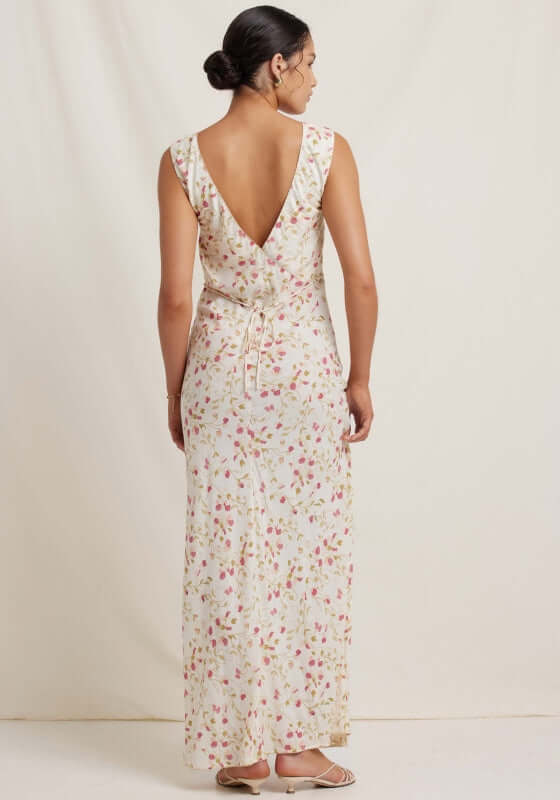 Keepsake Maxi Dress Sweet Pea by Peony showing the back view with V-neckline and crossed-back design.