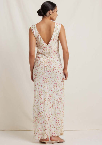 Keepsake Maxi Dress Sweet Pea by Peony showing the back view with V-neckline and crossed-back design.