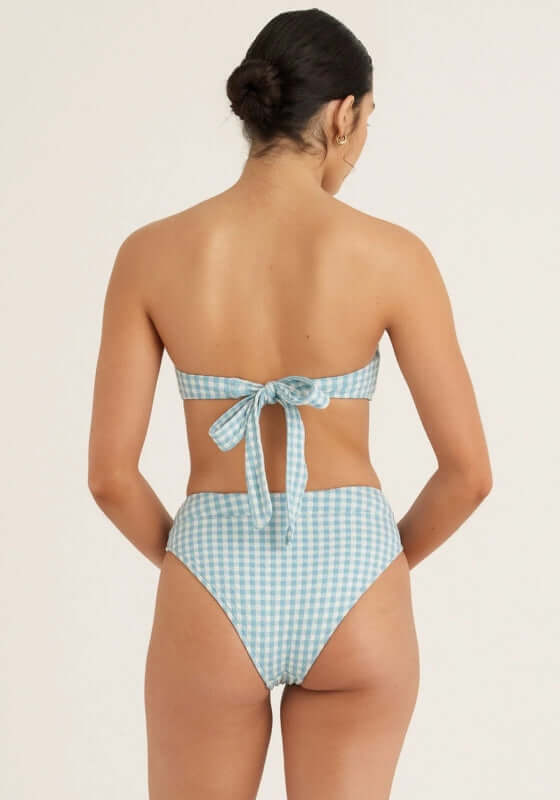 Mid High Cut Bikini Bottom Chambray Gingham by Peony, shown from the back featuring a tied bandeau top and high-waisted styling.
