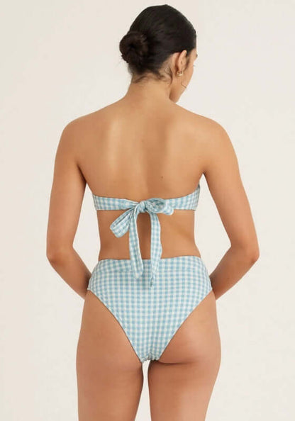Mid High Cut Bikini Bottom Chambray Gingham by Peony, shown from the back featuring a tied bandeau top and high-waisted styling.