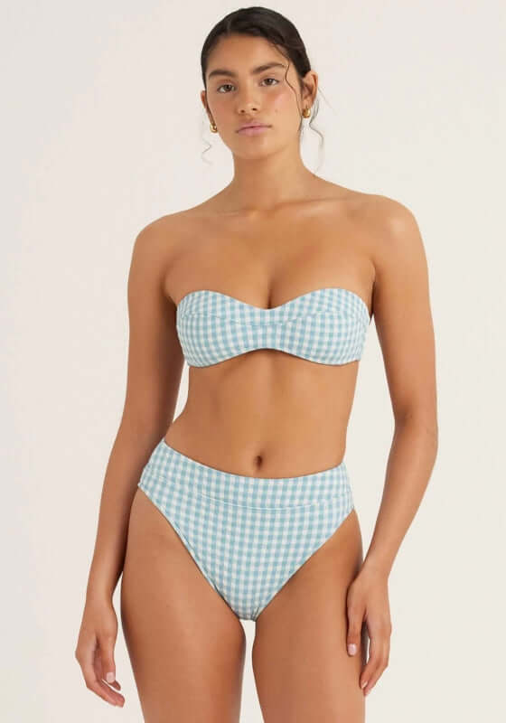 Moulded Bustier Bandeau Bikini Top Chambray Gingham by Peony, featuring a stylish model wearing a blue gingham bikini.
