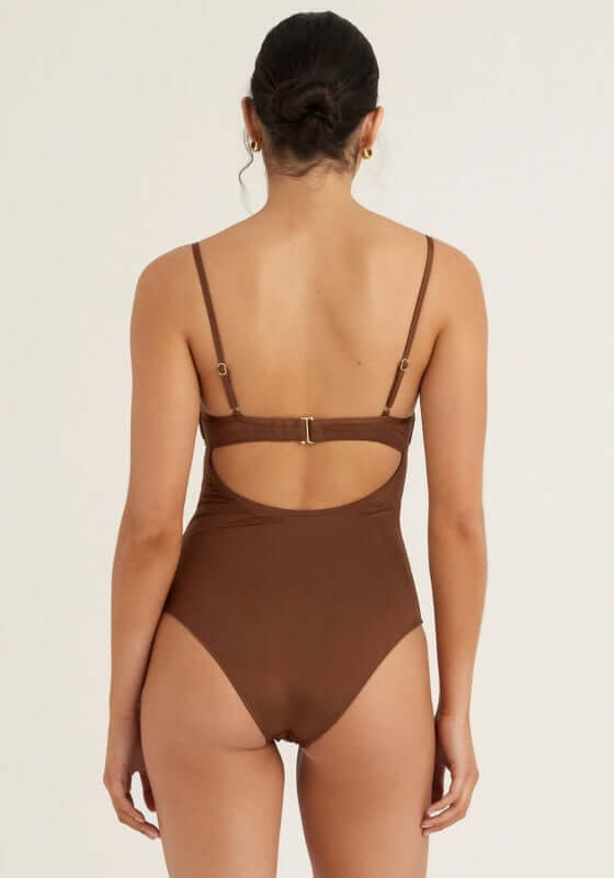 Solstice Ruched Swimsuit Mocha by Peony, showcasing a stylish back view with adjustable straps and cut-out detail.