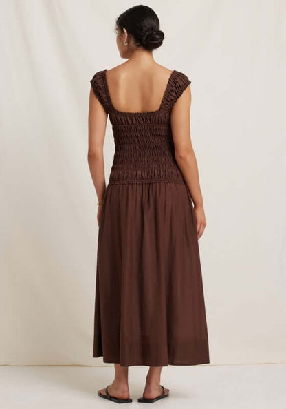 Sonnet Midi Dress Pecan by Peony, showcasing a back view with smocked bodice and elegant midi length in rich brown.