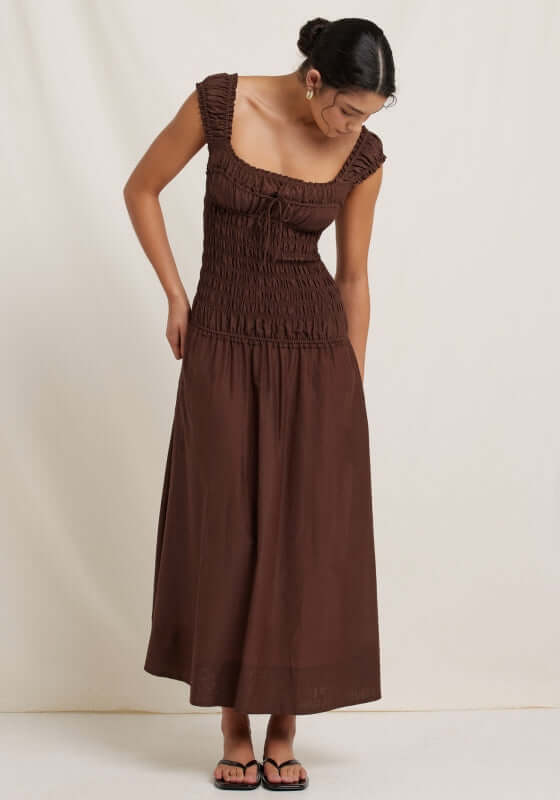 Sonnet Midi Dress Pecan by Peony, featuring a smocked bodice and flattering sweetheart neckline in rich pecan brown.