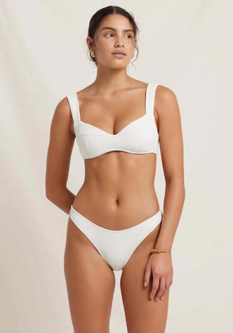 Crop Bikini Vintage Cream by Peony. Model showcases vintage cream balconette bikini with thick straps and removable cups.