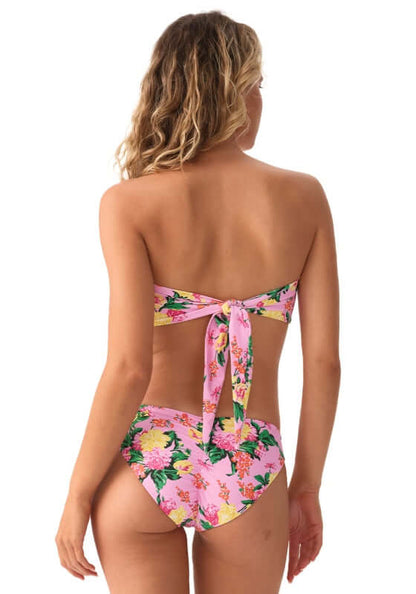 Dahlia Bandeau Bikini by PQ Swim showing the back view with a floral design and ruched matching bottoms.