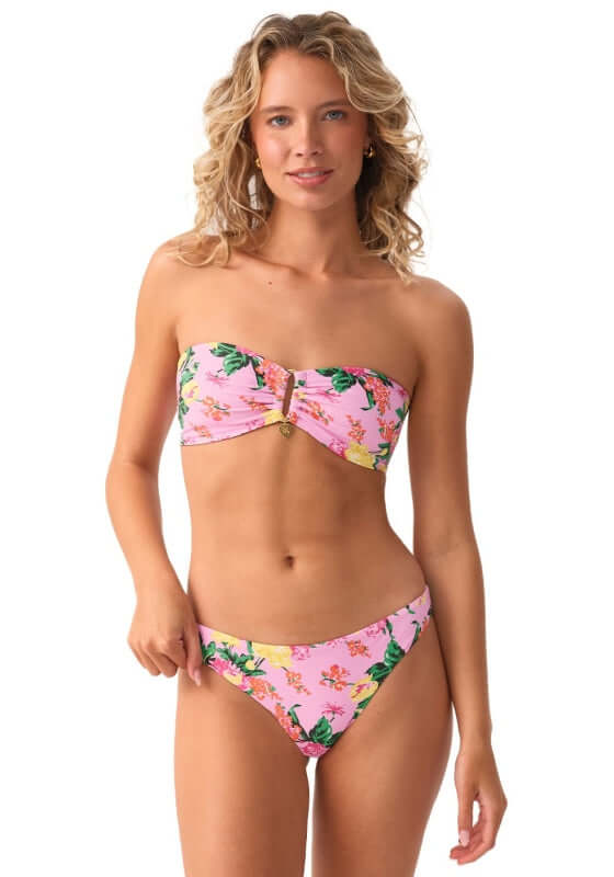 Dahlia Bandeau Bikini by PQ Swim, featuring a ruched floral design and gold charm, perfect for beach days.